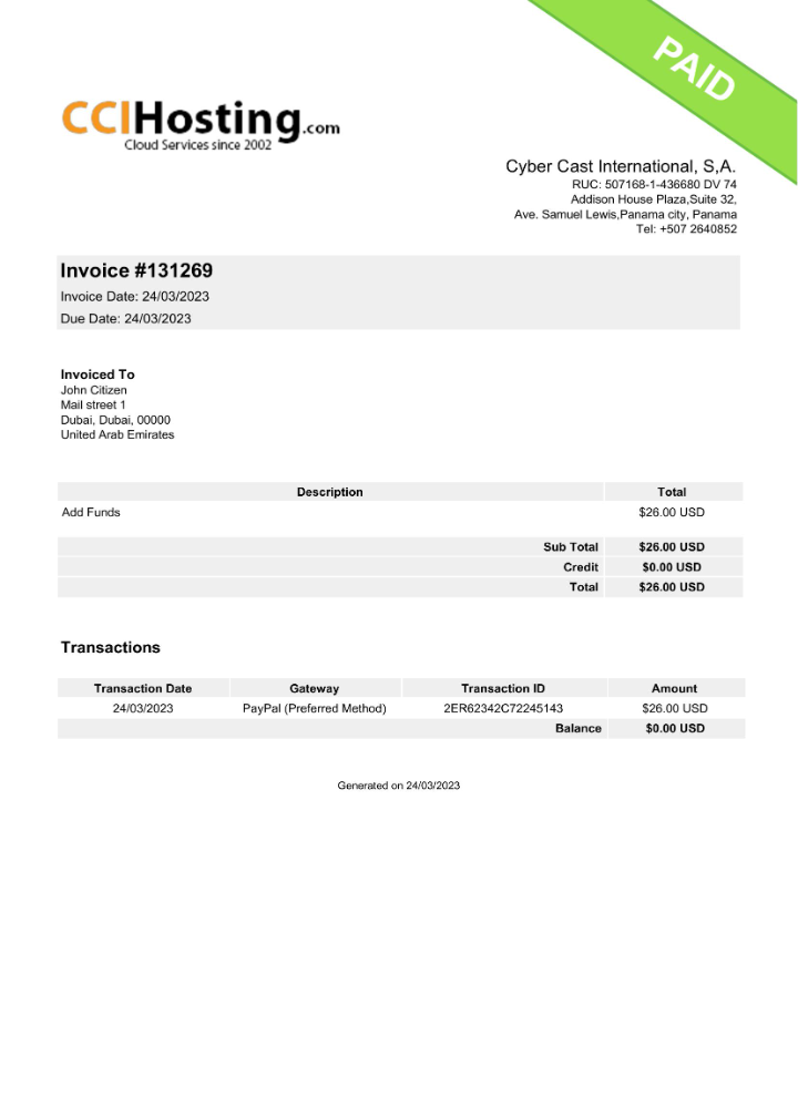 UAE Cyber Cast International invoice Word and PDF template PSD template